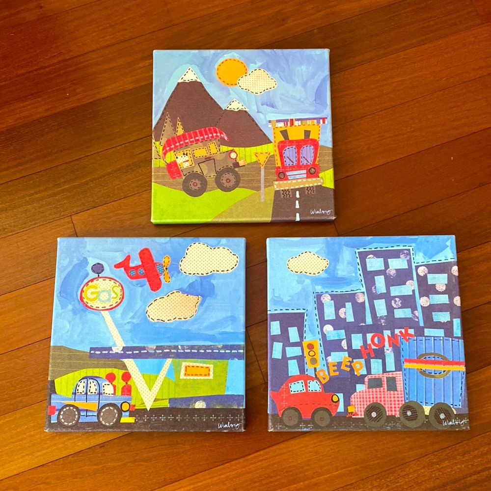 Children’s Oopsy daisy too Transportation Wall (3) Canvas Art Bundle- Sz 10”x10”